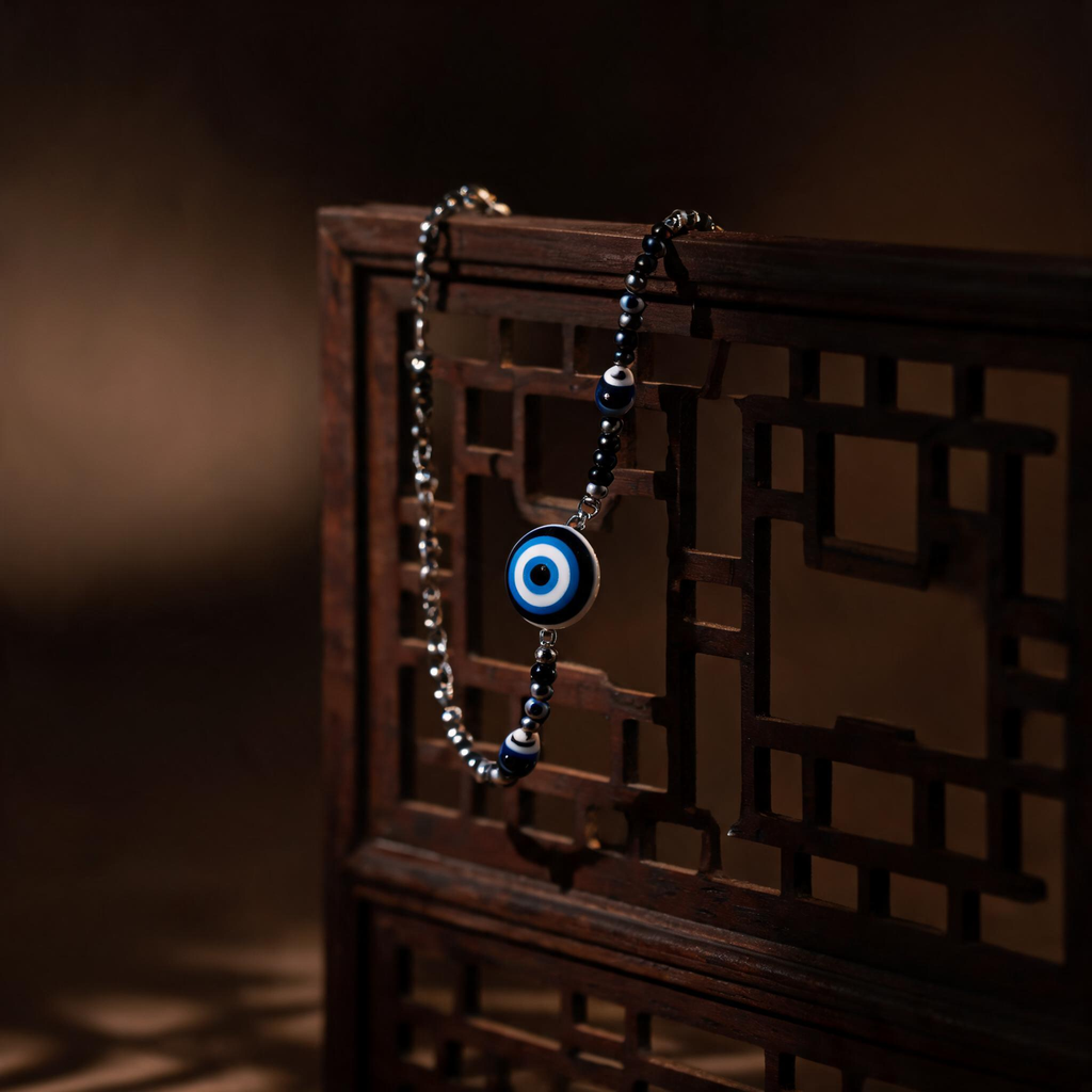 Evil eye bracelet hanging on dark wooden screen with soft shadows