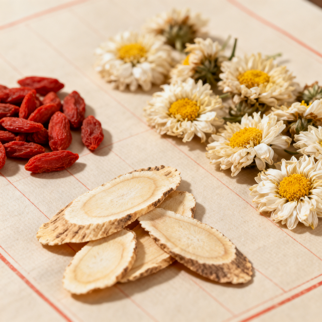 Dried chrysanthemum, goji berry, and ginseng tea ingredients on rice paper