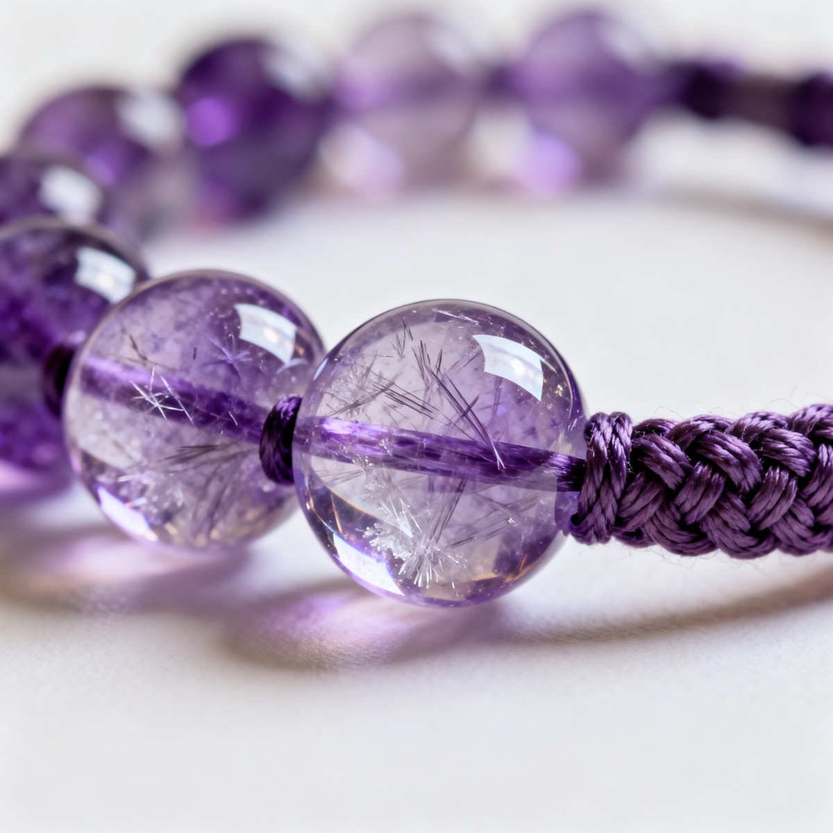 Close-up of amethyst beads with hand-tied cord detail