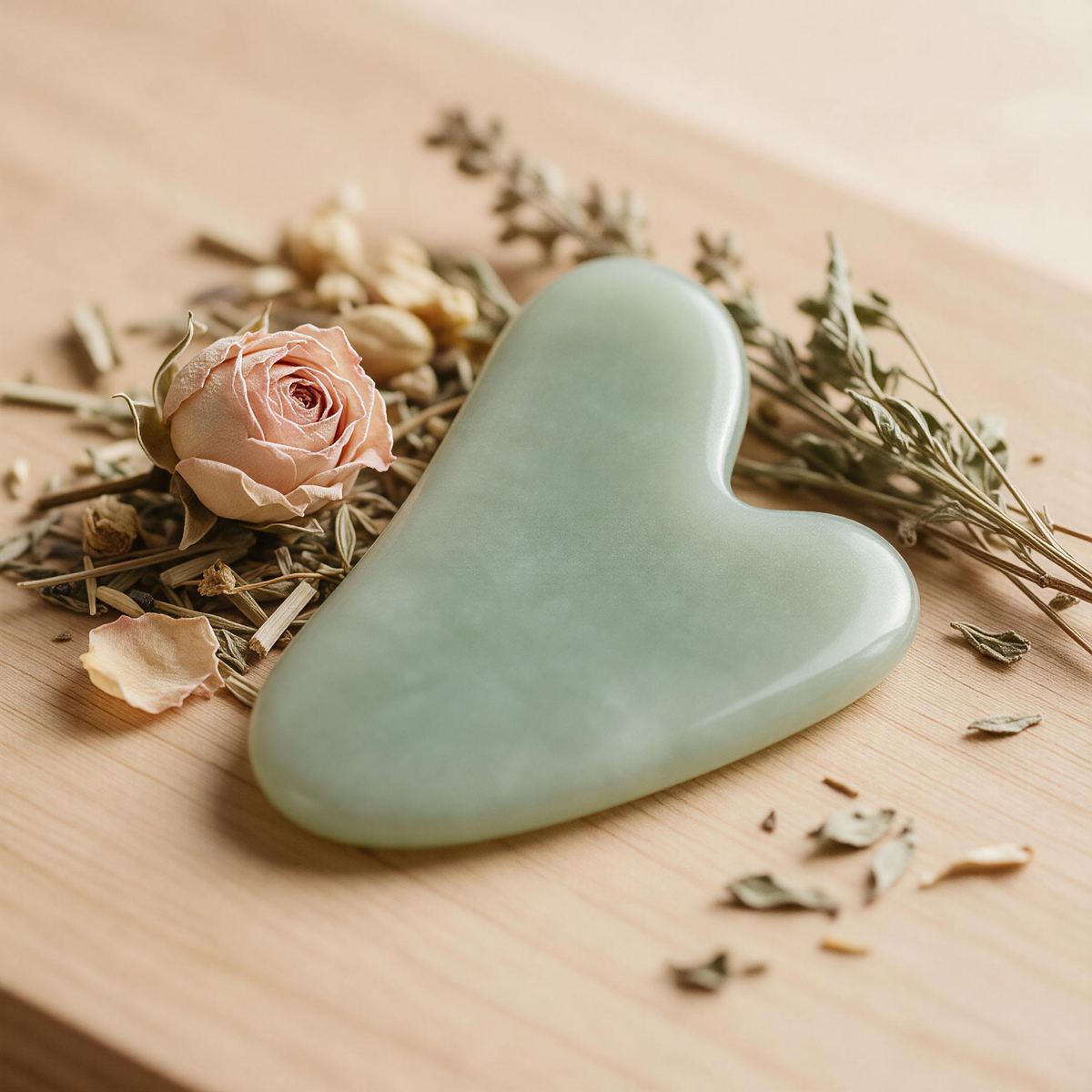 Natural jade gua sha tool, heart-shaped facial massage stone with dried flowers