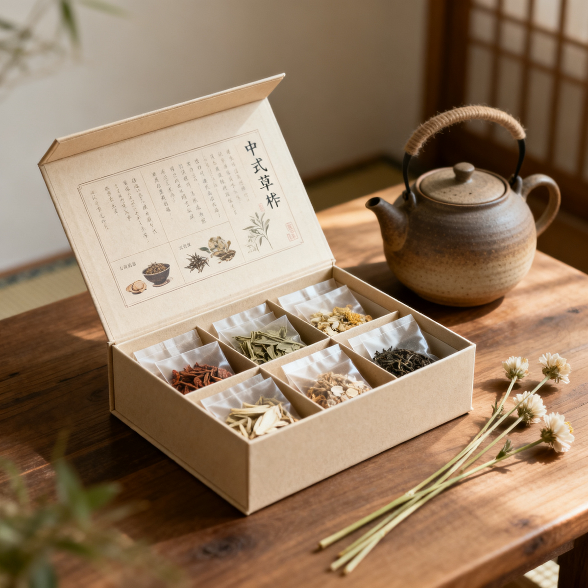 Chinese herbal tea sampler gift box with assorted tea pouches and ceramic teapot