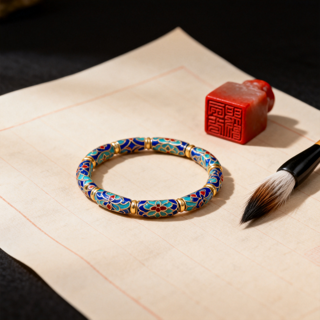 Cloisonne bracelet coiled on rice paper beside calligraphy brush and seal
