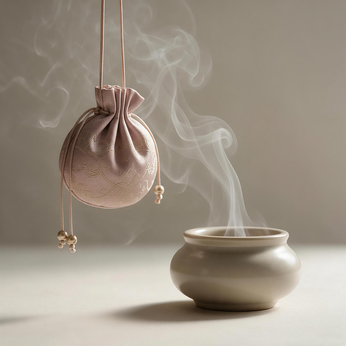 Herbal sachet hanging near incense burner with misty background