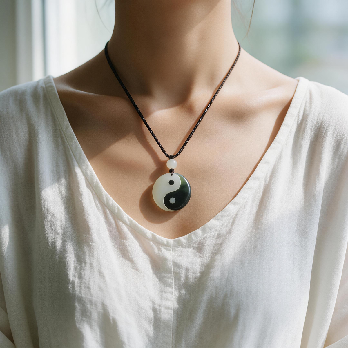 Woman wearing yin yang necklace on collarbone, white linen top