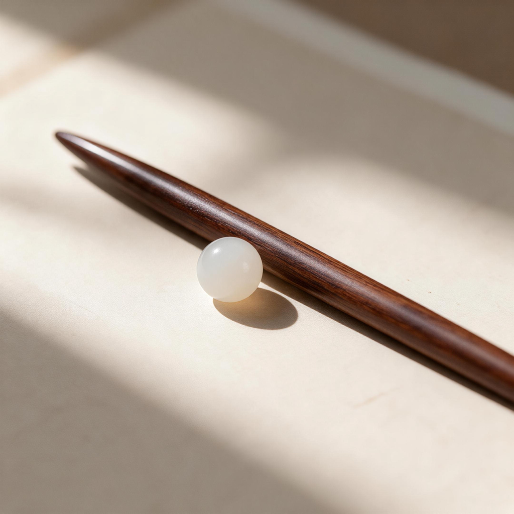 Wooden hair stick beside celadon vase with ink wash background