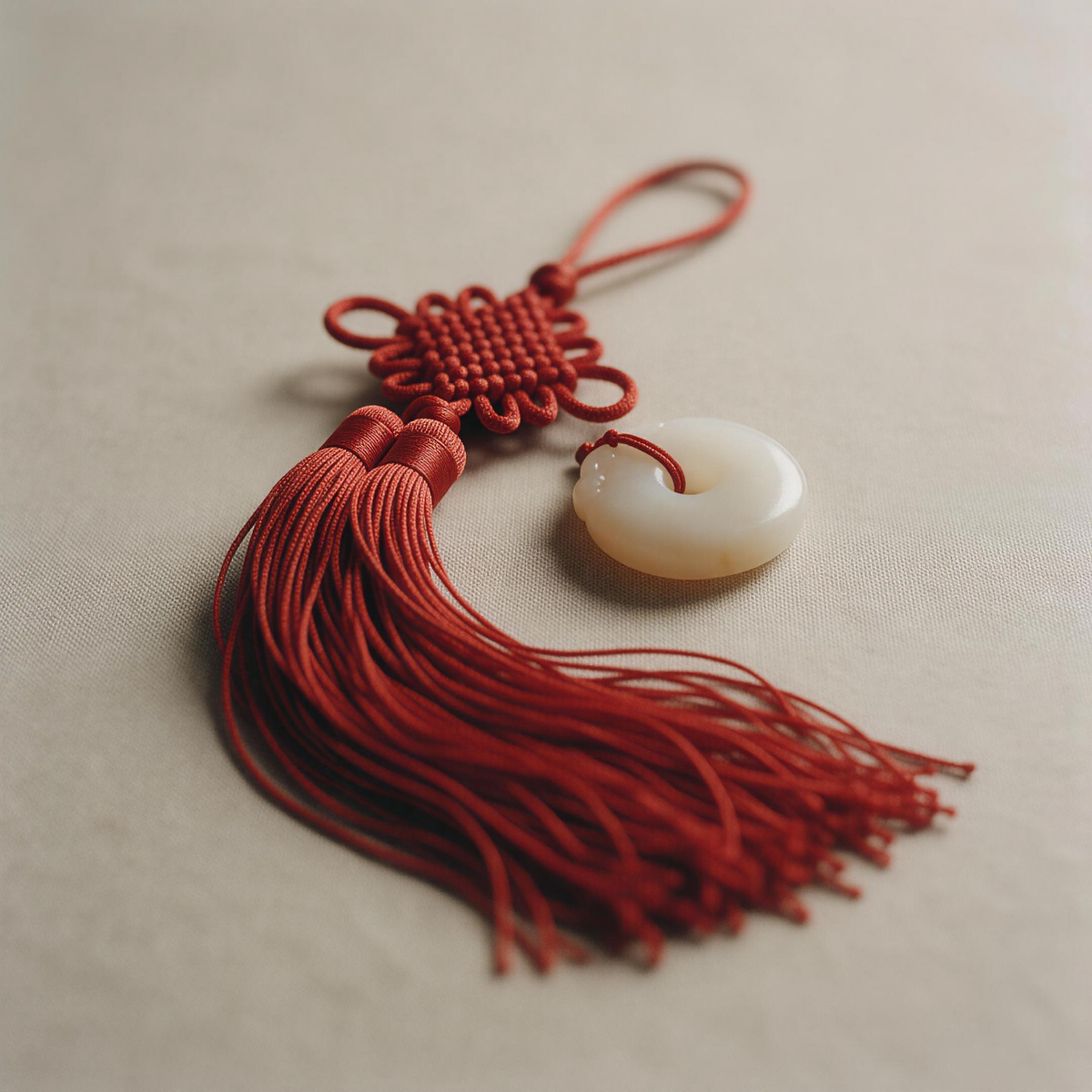 Close-up of handmade Chinese knot with red tassel and jade accent