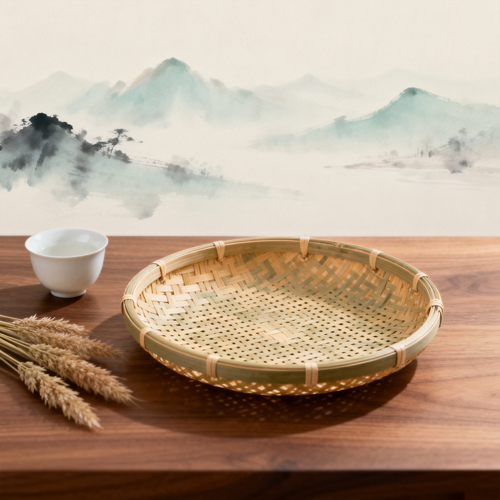 Bamboo wall basket on wooden table with tea cup and dried grass