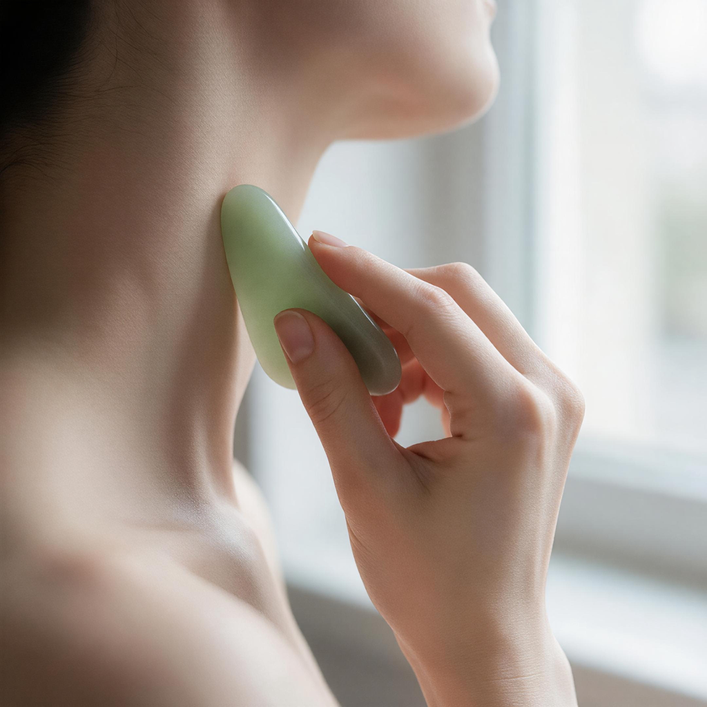 Woman using jade gua sha on jawline, close-up of hand and skin