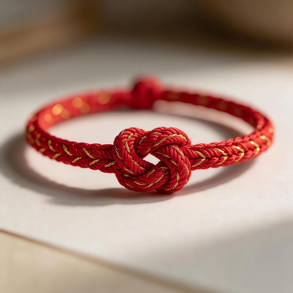 Close-up of handwoven red string bracelet with traditional Chinese knot