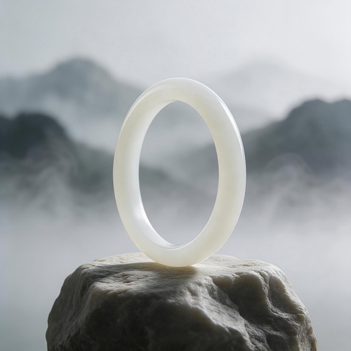 Jade bangle on stone with misty mountain background