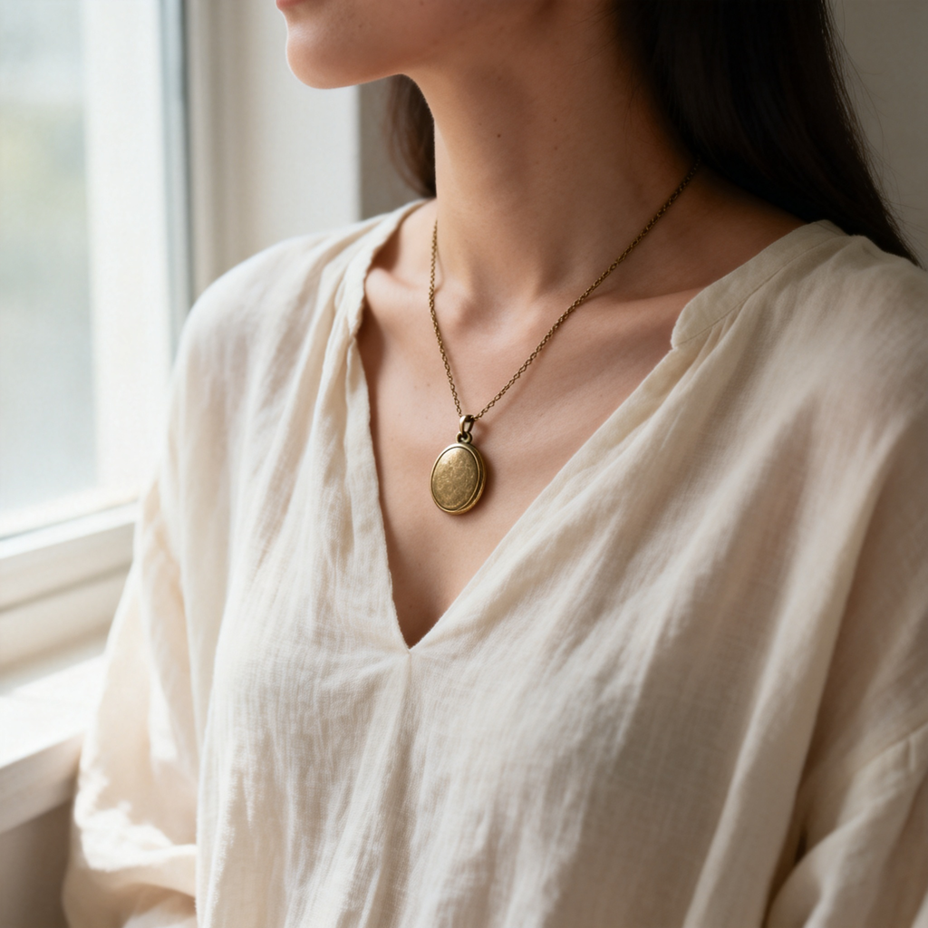 Woman wearing protection locket necklace on collarbone, white linen top