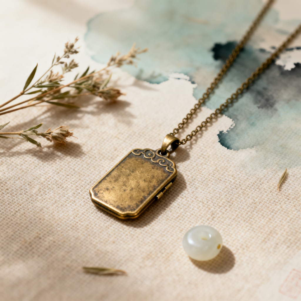 Protection locket necklace hanging on branch beside incense burner and candle