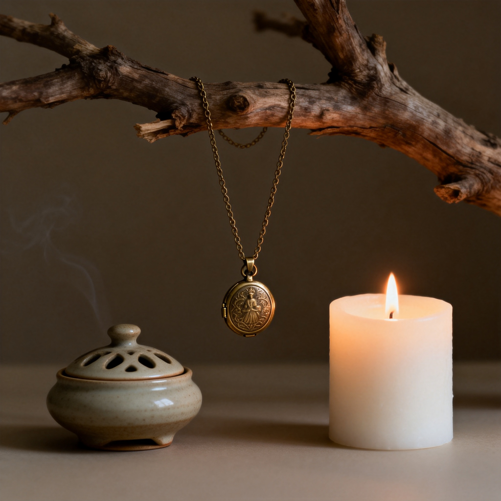 Antique brass protection locket necklace on linen with dried herbs and jade