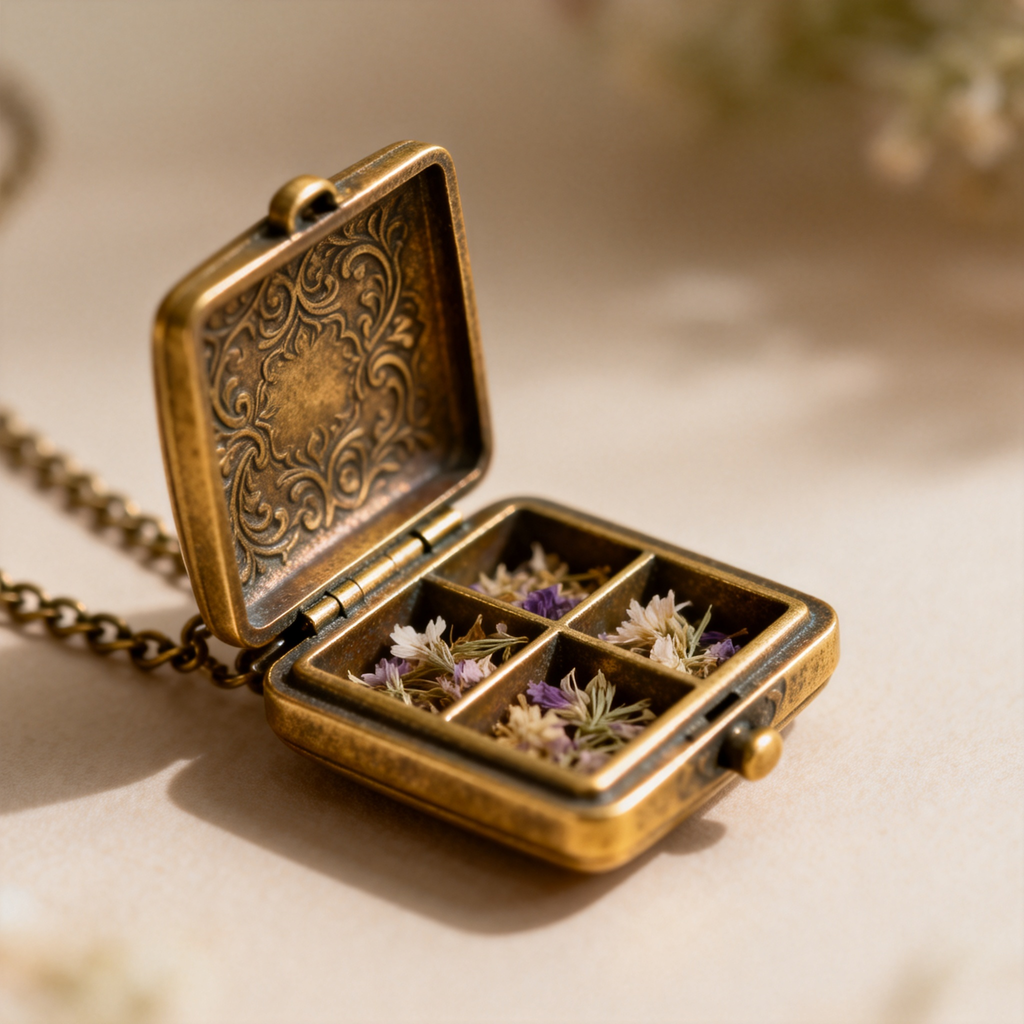 Open locket necklace showing secret compartment with dried flowers and engraved details